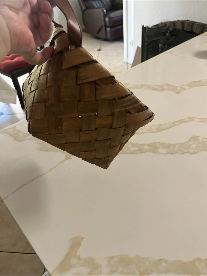 Rustic Style Wall Hanging Basket With Faux Leather Strap And Brass Hardware - Image 4 of 4