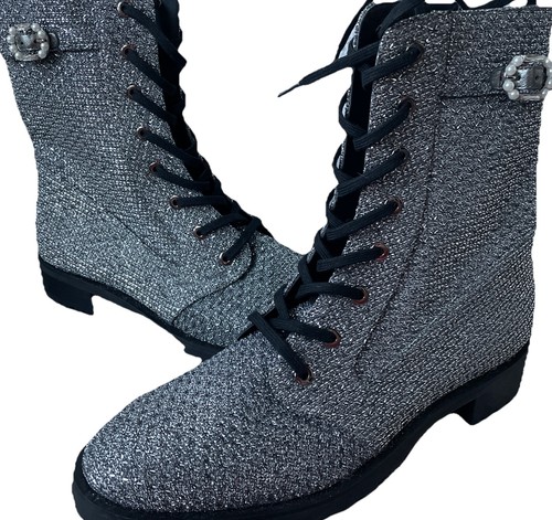 New Stuart Weitzman Dazzle Embellished Lamé Silver Combat Boots MSRP $750 7.5 - Picture 2 of 4