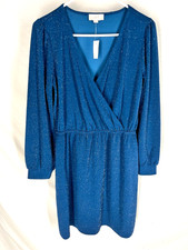 ANN TAYLOR LOFT Dress Size Medium Long Sleeve Blue Sparkle Wrap NEW NWT