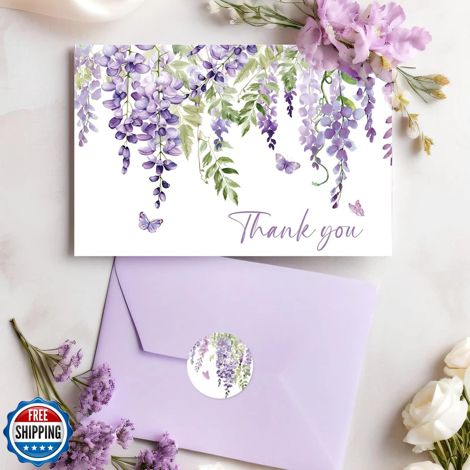 Tarjetas de agradecimiento Whaline 24 piezas lavanda con sobres y pegatinas púrpura Flo Foto 4 de 4