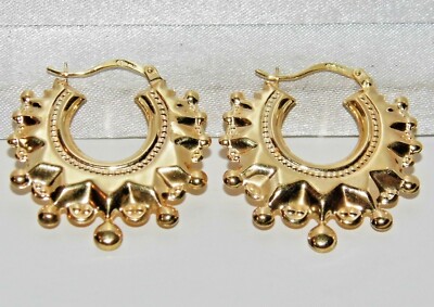 9ct Gold Spiked Victorian Style Creole Hoop Earrings For Women - Large Statement Hoops