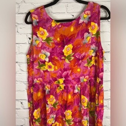 Abito Sita vintage rosa giallo floreale bottoni davanti taglia grande rayon senza maniche - Foto 6 di 9