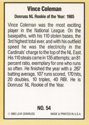 1985 Donruss Highlights Baseball Vince Coleman St. Louis Cardinals #54 - Picture 2 of 2