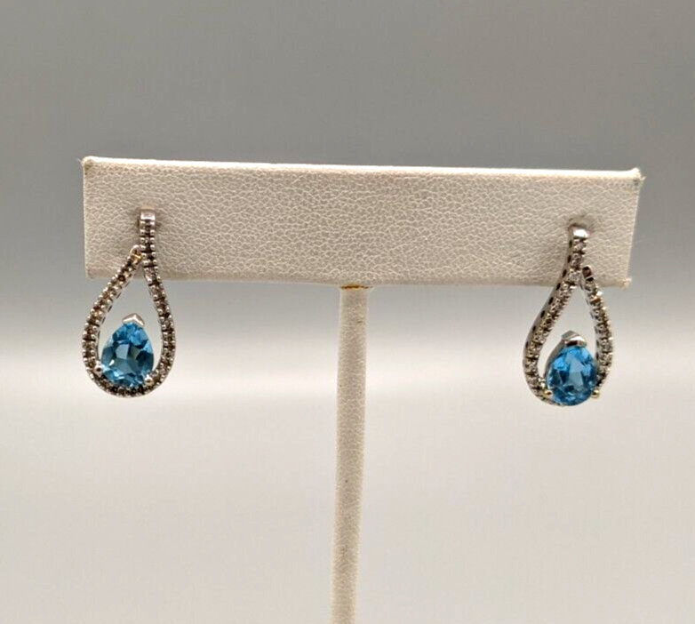 14kt White Gold Genuine Blue Topaz Diamond Drop Earrings