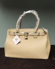 New Ruby Blue Couture Isabelle Tote, Light Tan, Blue & White Striped Lining