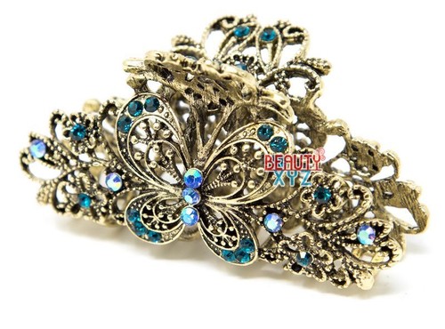 Metal Hair Claw Clip Beautiful Butterfly Flower Blue crystal bridal hair claws - Picture 2 of 5