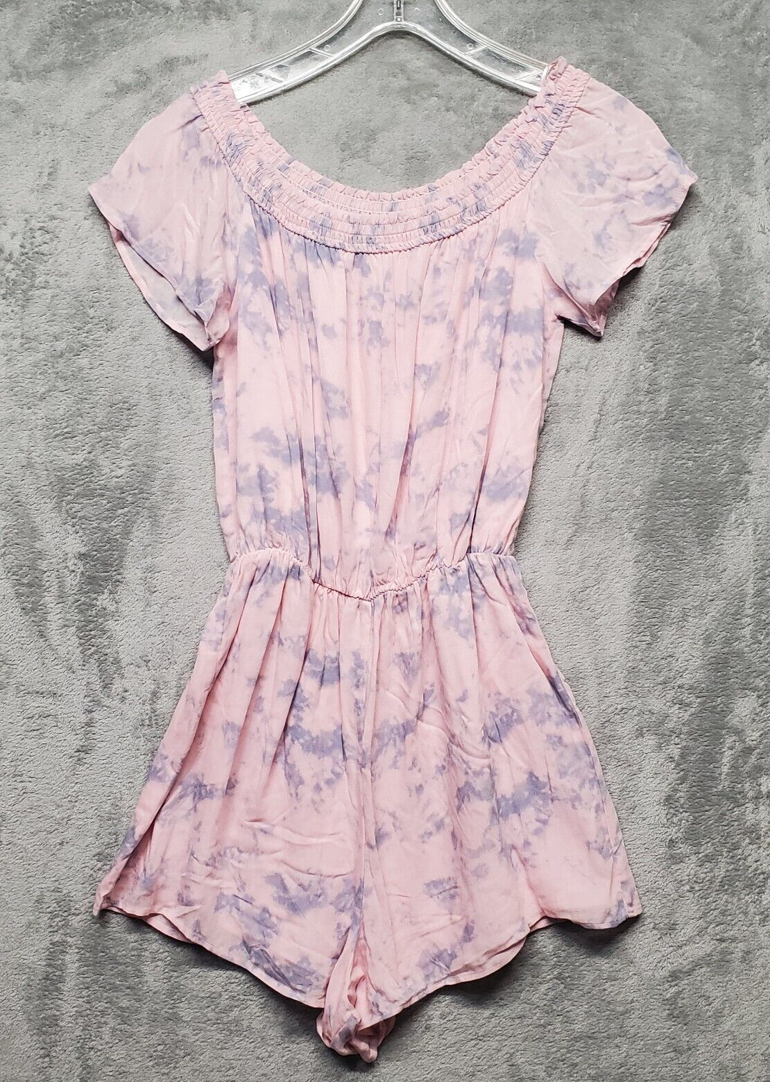 Hollister Romper Womens Medium Pink Blue Tie Dye Shorts On Off Shoulder Boho-image