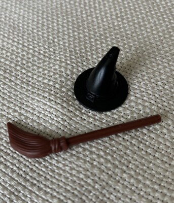LEGO mini figure witch s black hat and brown broom Halloween Spooky