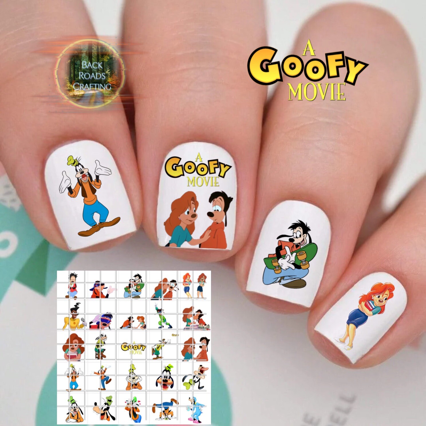 Juego de 50 calcomanías para arte en uñas tobogán acuático de película Goofy de 50 instrucciones y bonificación