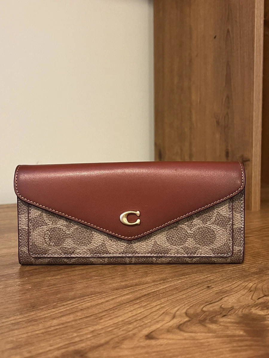 NWT Coach Wyn Soft Wallet In Colorblock Signature Canvas Tan Rust Slim Long