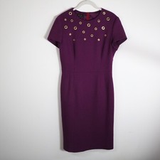 Escada Virgin Wool Sheath Knee Length Dress Womens 36 US S Purple Gold Grommets