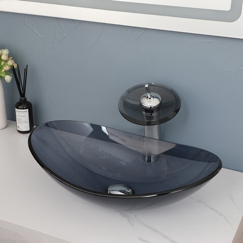 Bathroom Oval Vessel Sink Tempered Glass Basin Waterfall Mixer Deck Mounted Tap - Picture 4 of 8
