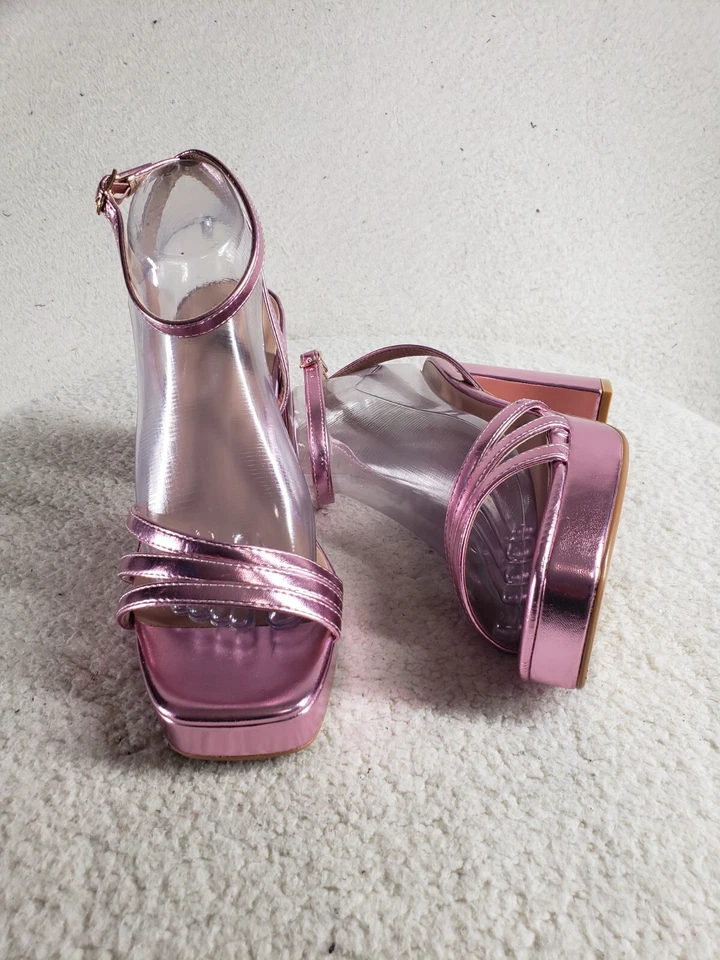 Top Moda Valor Mujer Pump 9 Rosa Metálico Punta Abierta Tobillo Envoltura Bloque Tacón Zapatos Foto 4 de 4