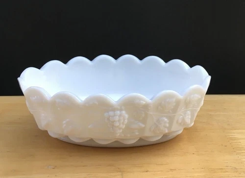 Vintage WESTMORELAND Milk Glass OVAL NUT DISH PANELED GRAPE Candy Relish Oblong
