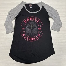 Harley Davidson Small Black Raglan 3/4 Sleeve Eagle Tee Top Shirt Loma Linda CA