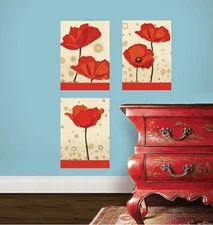 WALLIES POPPIES wall stickers 3 decals Flower Mural Panels room decor Red Flower