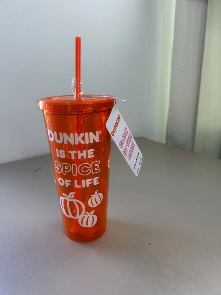 Dunkin Donuts Glow In The Dark Tumbler Cup Straw 24oz Orange Pumpkin Spice NWT - Image 2 of 4
