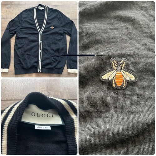 Authentic GUCCI Black Wool Cardigan Sweater Bee Patch Embroidered Mens M Women L