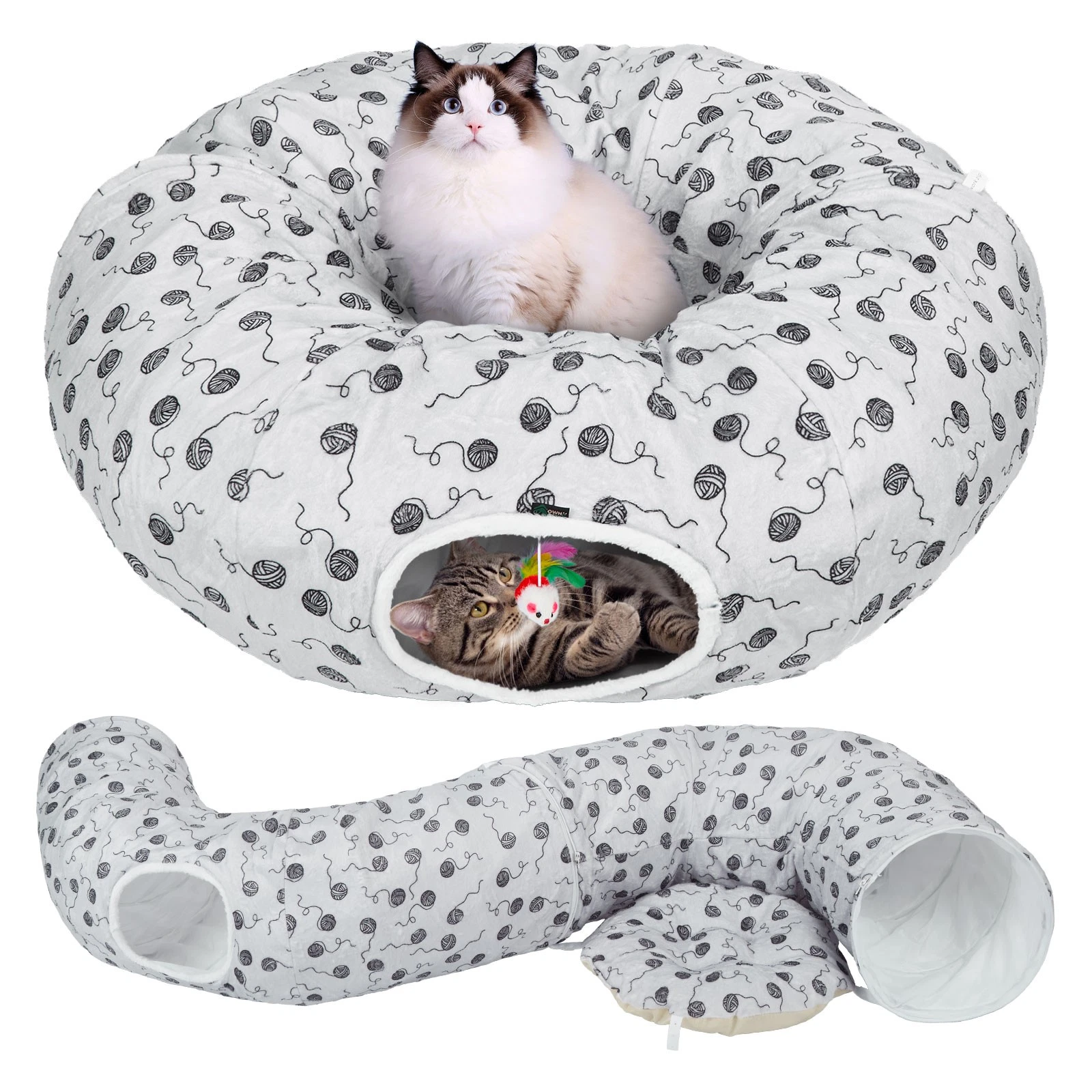 Ownpets 3 in 1 Cat Donut Tunnel Bed with Central Mat Cave Interactive Play Toy