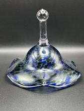 Vintage Handblown Art Glass Confetti Green and Blue Ruffled Bell Shaped