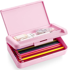 Pencil Box, Double Layer Pink Pencil Case, Large Capacity Plastic Crayon Box wit