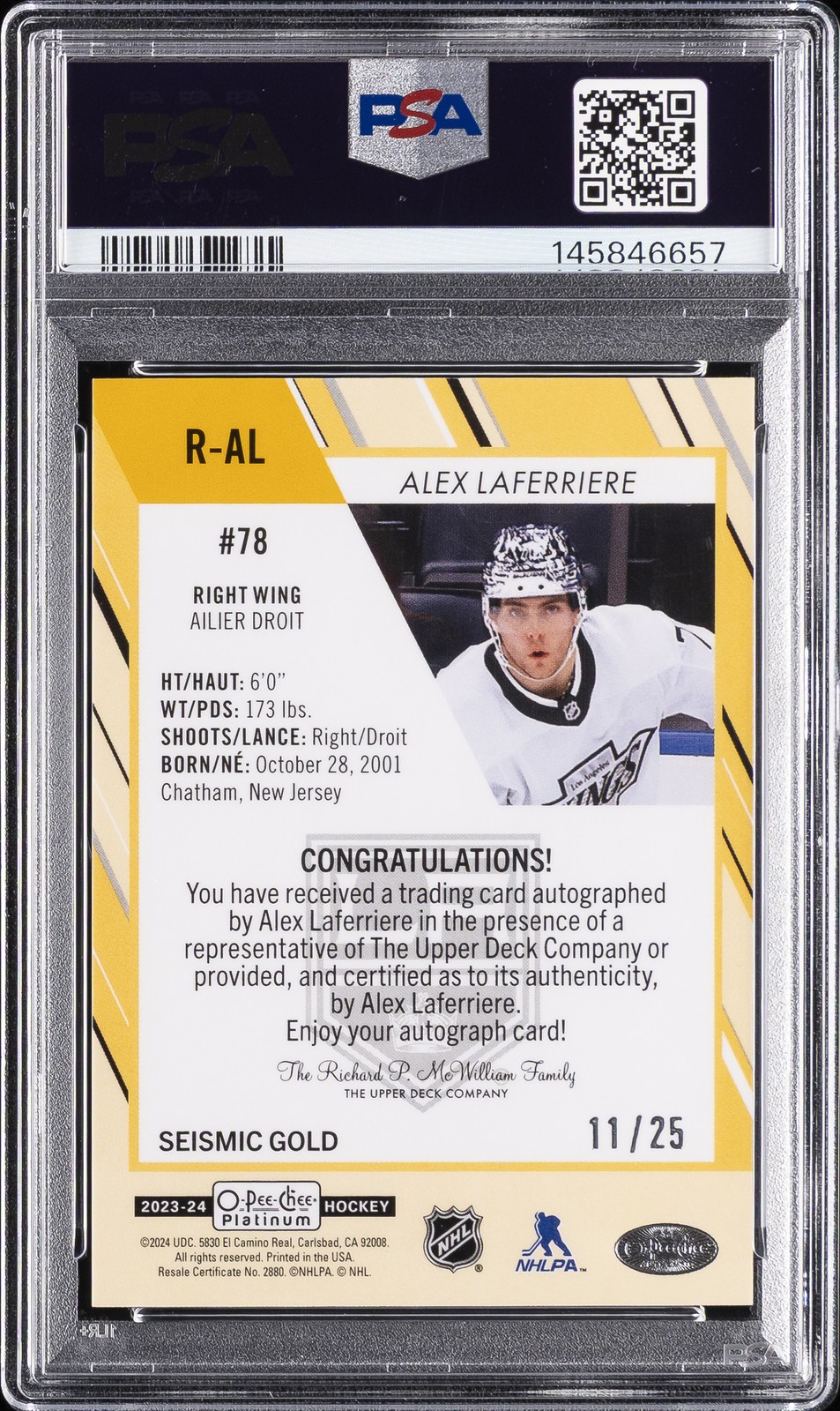 2024-2025 O-PEE-CHEE PLATINUM UPDATE AUTO #RAL ALEX LAFERRIERE 11/25 PSA 10 view 2