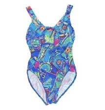 Vintage Lands  End Tropical Postcard Print One Piece Swimsuit Women  s 14