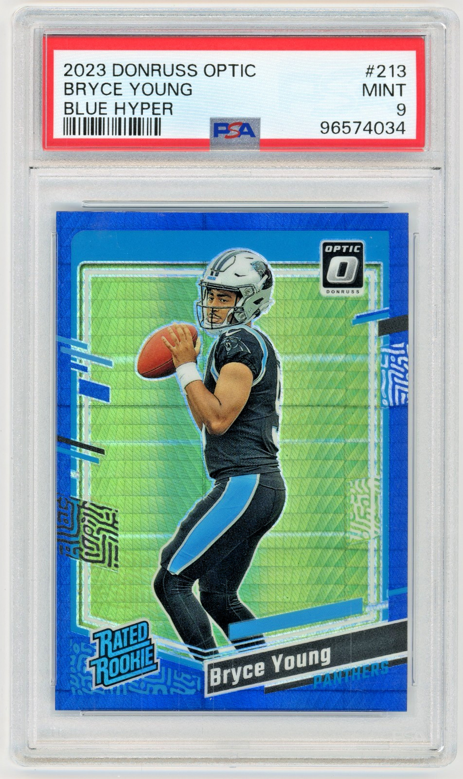 BRYCE YOUNG 2023 Panini Donruss Optic Blue Hyper Rc #213 PSA 9 Carolina Panthers