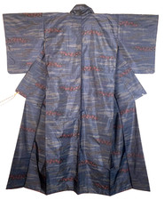 Vintage S Oshima Tsumugi Silk Kimono Indigo Blue Floral Handwoven Yuki 25.2in