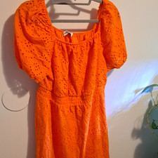 Grace Karin Orange Eyelet Embroidered Square Neck Puff Sleeve Midi Dress L