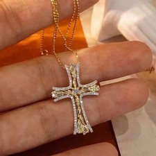 Round Cut Simulated Diamond Pretty Cross Pendant Chain In 14k Yellow Gold Plated