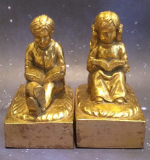 Vintage Gold Bronze Finish Bookends Boy  Girl Reading Books Made in Korea