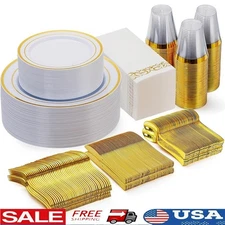 Gold Disposable Party Plates 350 Piece Heavy Duty Dinnerware Set Utensils New