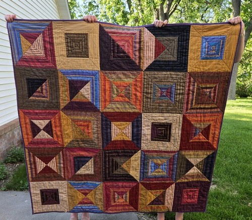 Handmade Quilt Throw Blanket Striped Square Purple Red Yellow 57x57 Woven Stripe