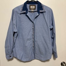 Vintage Koret City Blues Chambray Embroidered Button Down Size L Cottagecore