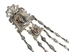 Antique VICTORIAN CHATELAINE Tool Belt w/ Clip MEDUSA FACE +5 CHAINS SilverPlate