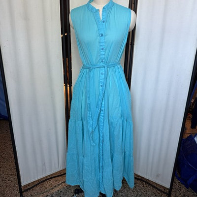 #ad Antica Sartoria Womens Turquoise Blue Maxi Dress Belted Button Front Cotton S M $30.00