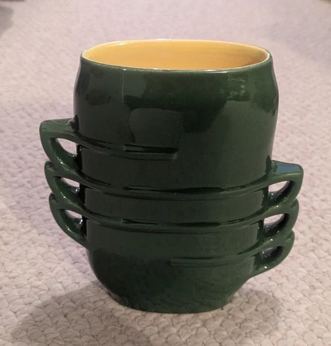 Red Wing Pottery Vase #1359–Green with Yellow Interior–Stacked Teacups Design