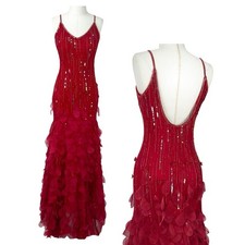 Vintage Red Silk Beaded Sequin 3D Petal Low Back Prom Evening Gown Dress
