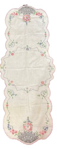 Vintage Baumwolle Nadelspitze Tischläufer Abdeckung Stickerei Blumen Korb 38x15" ANSEHEN