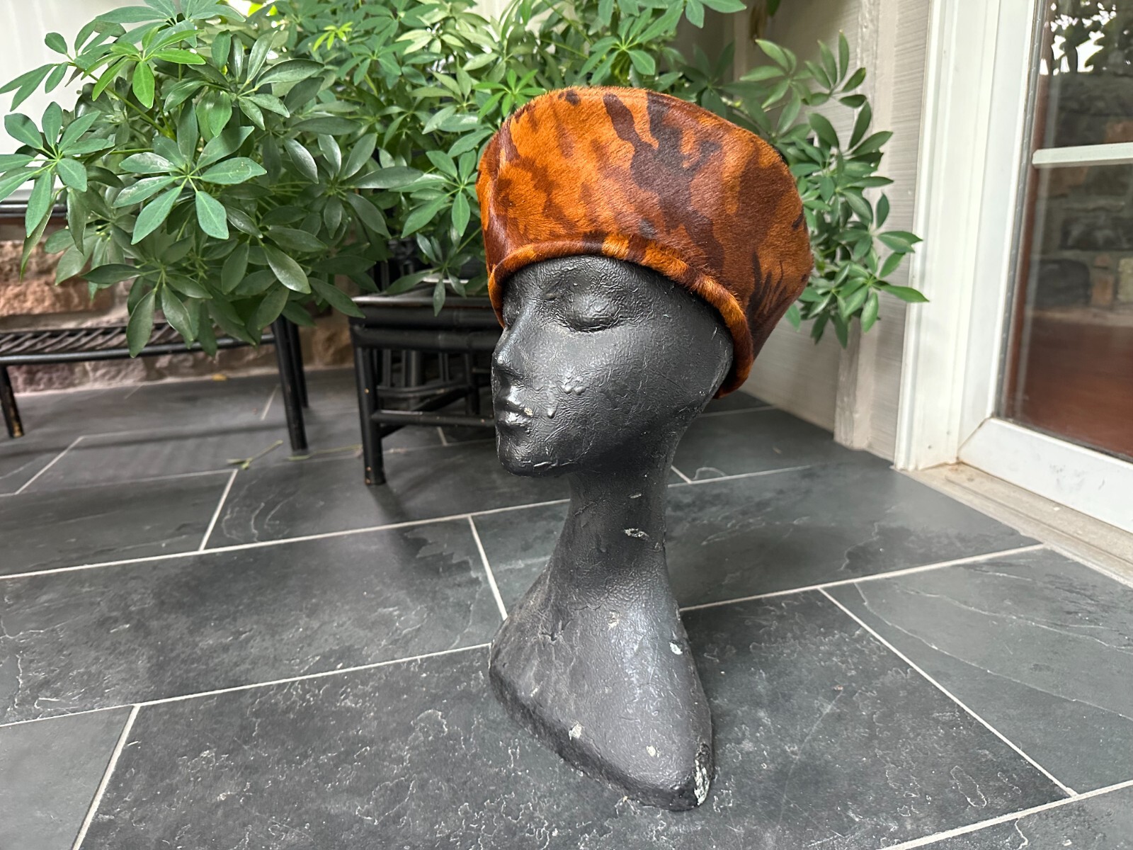 Cappello vintage marrone ruggine mimetico capelli pelle di mucca berretto stile pony Eric Javits