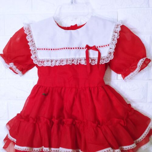 Vintage 80s Kandy Ann Fancy Dress Girl(4T) Puff SSL Lace Collar Ruffles Bows Red - Picture 3 of 12