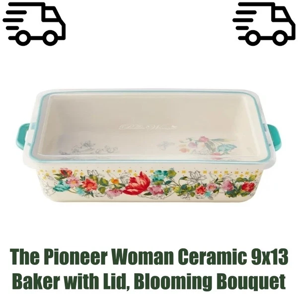 The Pioneer Woman Ceramic 9x13 Baker with Lid, Blooming Bouquet