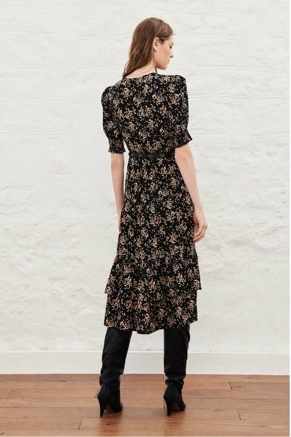 BA SH Vika Tired Ruffle Midi Dress Black Floral 3 L NWT eBay