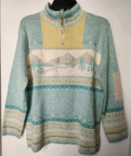 Koret Vintage Sweater Womens L Winter Scene Green Yellow Cottagecore Angora Knit