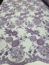 "Lavender Beaded Lace Fabric with Sequins  Floral Embroidery by the Yard"