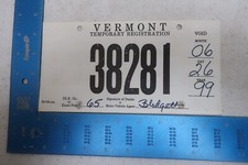 Vermont License Plate Tag 1999 99 VT Temporary Cardboard Motorcycle 38281