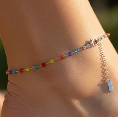 Boho Rainbow Beaded Anklet Silver Tone Minimalist Chain Anklet Handmade Design