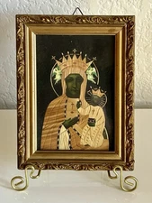 Polish Black Madonna & Child Straw Marquetry Icon Vintage Gold Frame 5x7