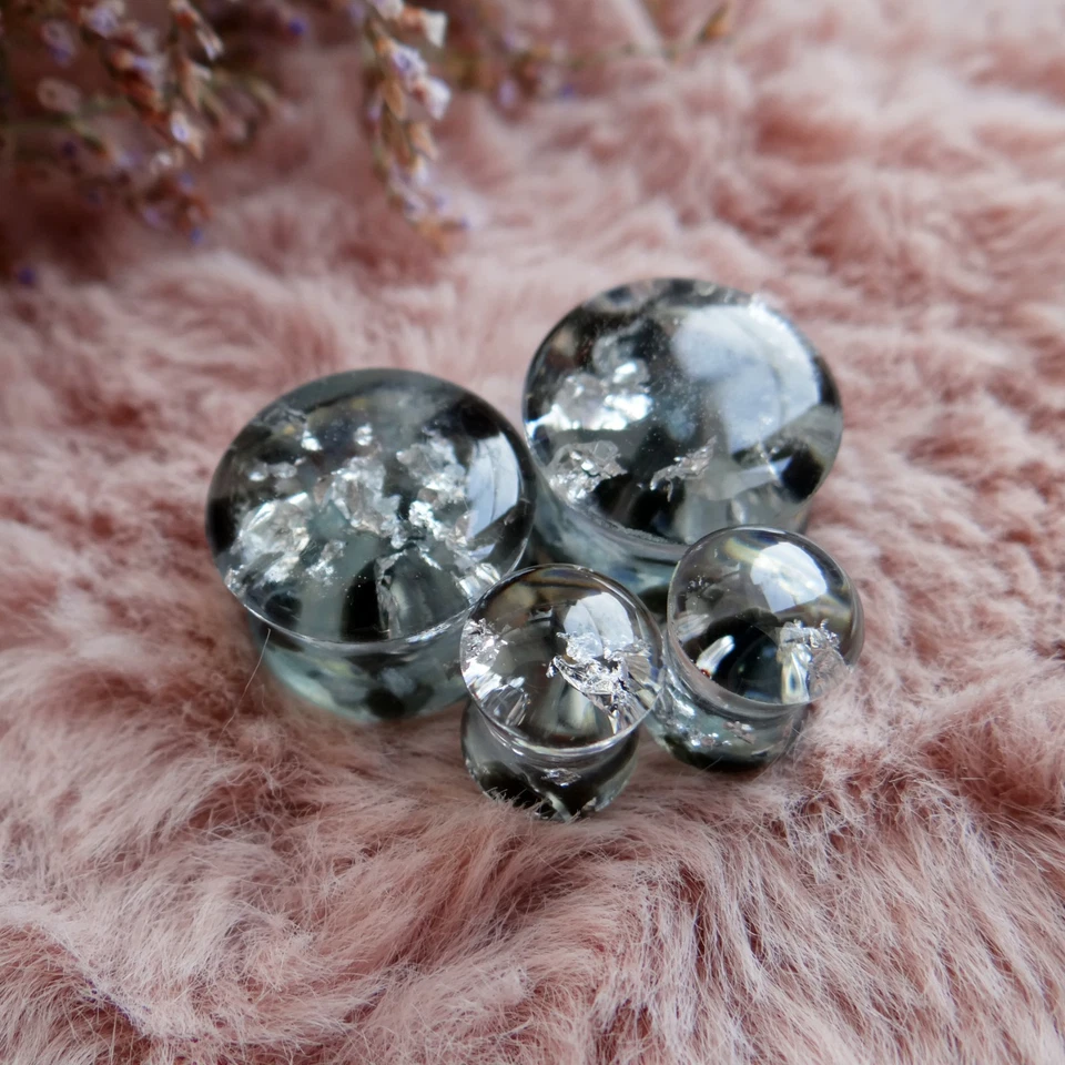 March Birthstone Aquamarine gauges Obsidian ear tunnels Resin plugs stretched - Image 2 of 4